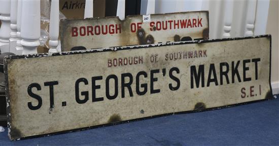 Two Borough of Southwark painted tin street signs: St Georges Market and Speech Street, 4ft 7in. and 2ft 7in.